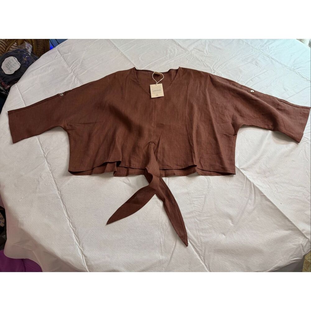 NWT Lintico Brown Linen Top Tie Front Size Small New